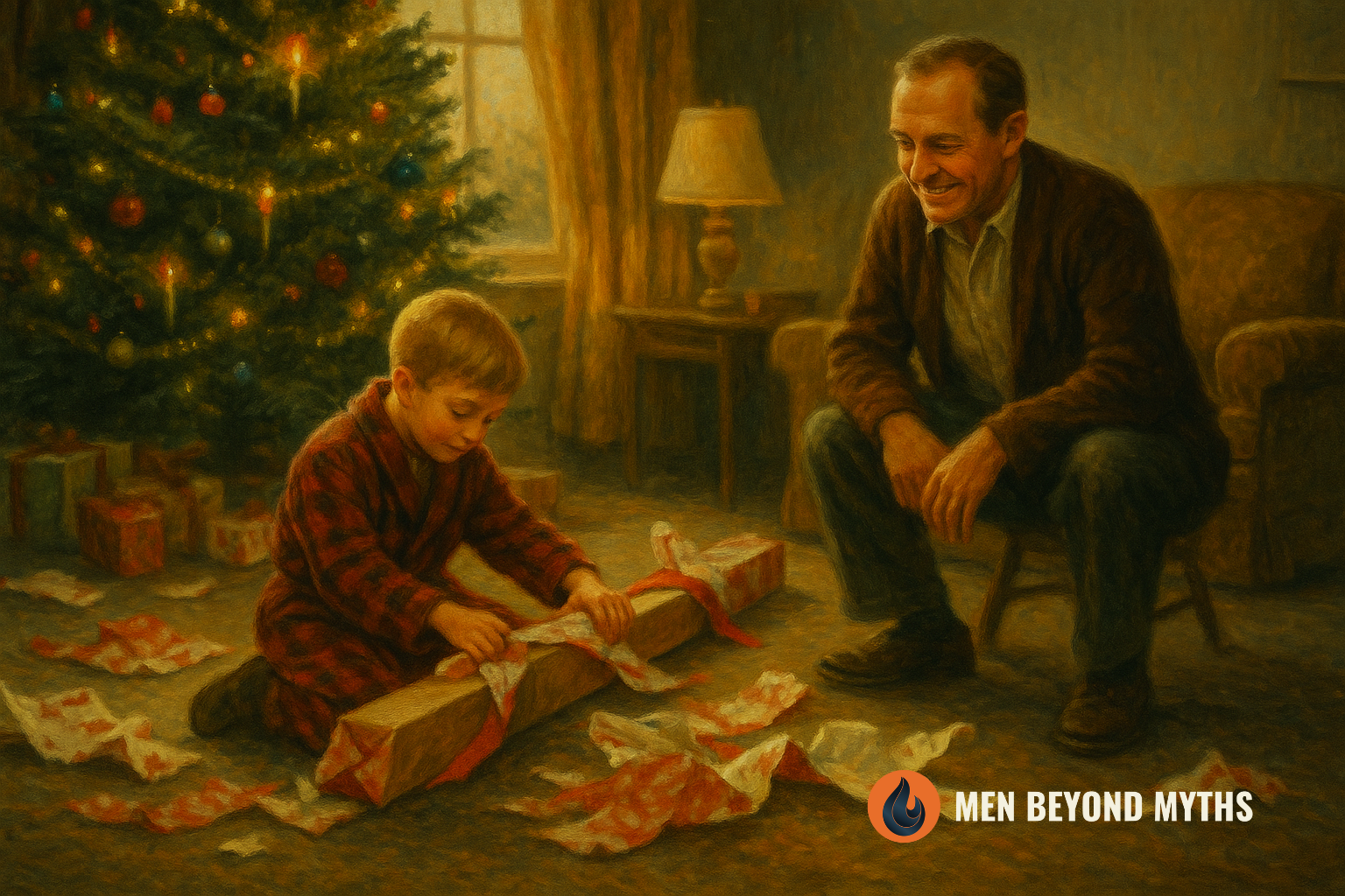 A father and child in a cozy living room on Christmas morning, surrounded by wrapping paper as the child opens a long boxed gift while the dad quietly watches with a soft smile.